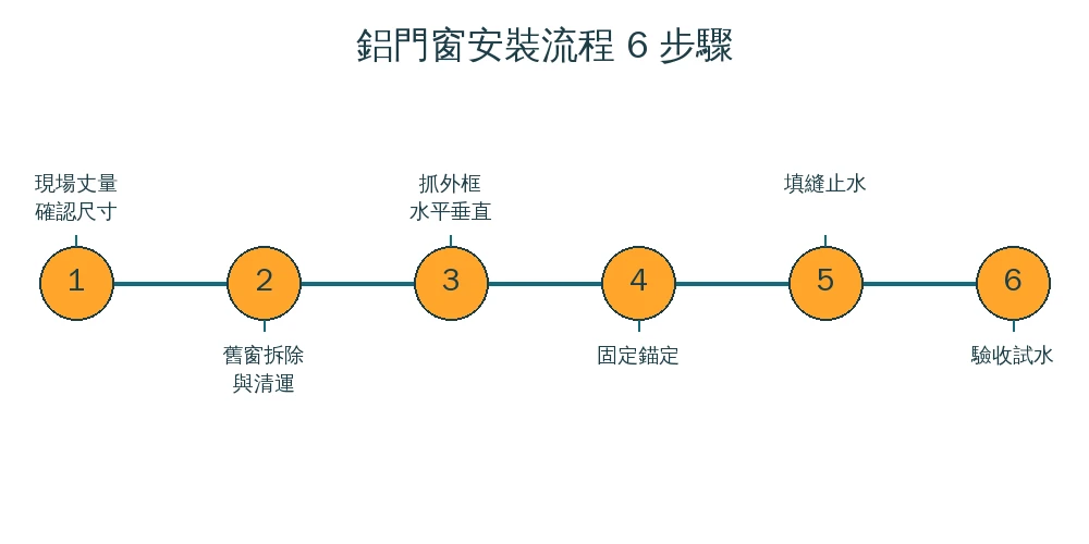 鋁門窗安裝流程資訊圖:現場丈量確認尺寸、舊窗拆除與清運、抓外框水平垂直、固定錨定、填縫止水、驗收試水,共6步驟