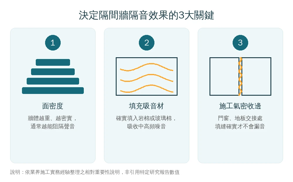 決定隔間牆隔音效果的3大關鍵資訊圖:面密度、填充吸音材、施工氣密收邊,與牆體材質分類無直接關係