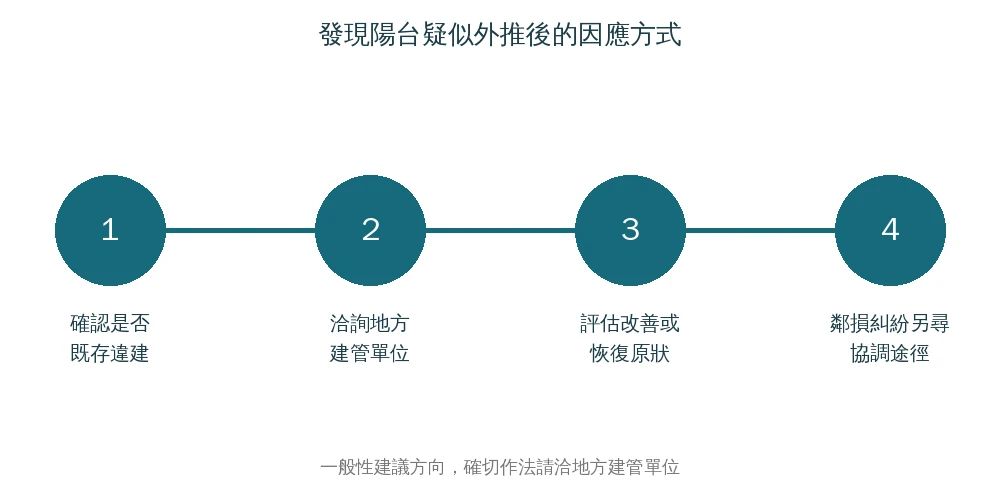 發現陽台疑似外推後的因應方式資訊圖:確認是否既存違建、洽詢地方建管單位、評估改善或恢復原狀、鄰損糾紛另尋協調途徑,共4步驟一般性建議