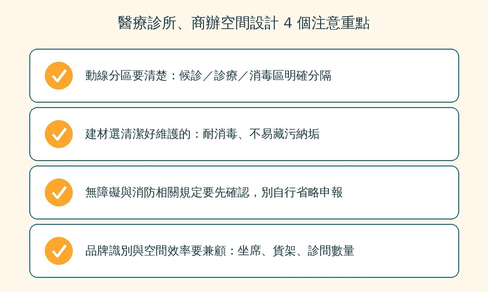醫療診所與商辦空間設計4個注意重點資訊圖:動線分區清楚、建材清潔好維護、無障礙消防法規先確認、品牌識別與空間效率兼顧