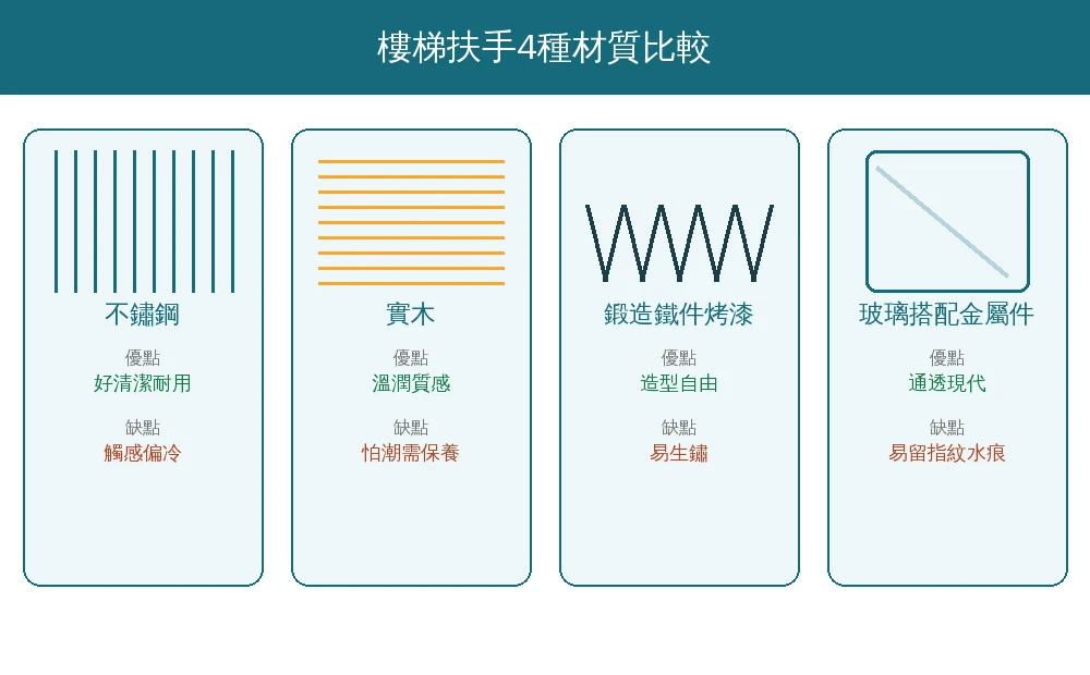 樓梯扶手4種材質比較資訊圖：不鏽鋼好清潔耐用、實木溫潤需保養、鍛造鐵件造型自由易生鏽、玻璃通透易留指紋水痕