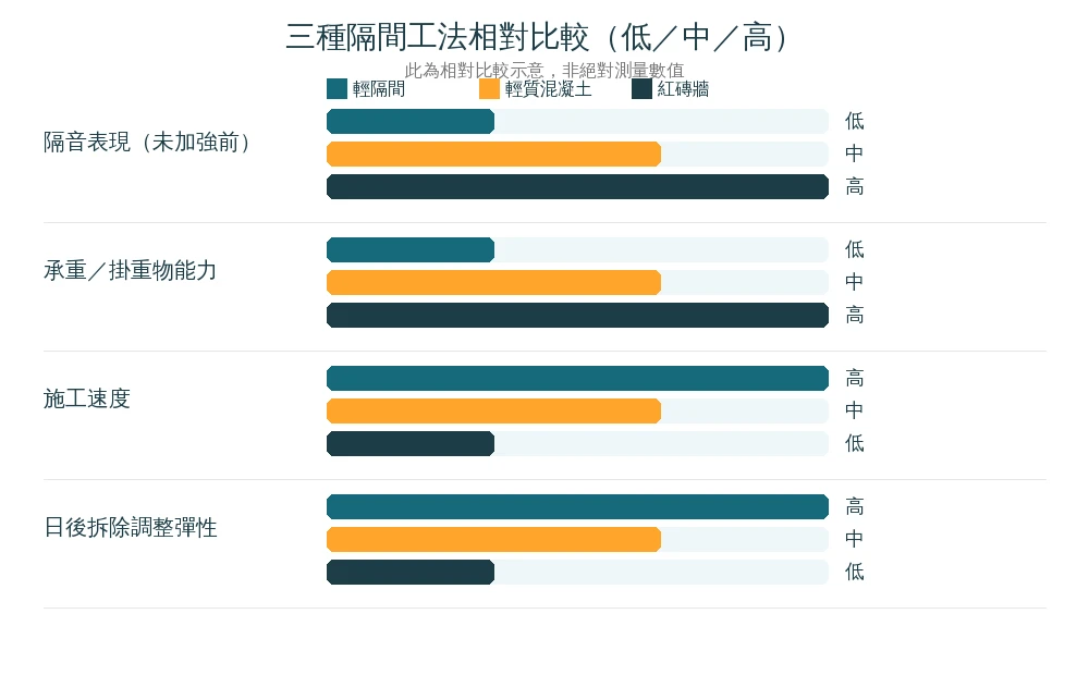 輕隔間、輕質混凝土、紅磚牆隔音表現、承重能力、施工速度、日後可逆性相對比較資訊圖(低中高相對評比,非絕對數值)