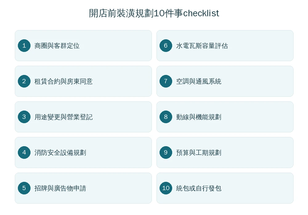 嘉義店面裝潢開店前規劃10件事checklist資訊圖：商圈定位、租賃合約、用途變更、消防安全設備、招牌申請、水電瓦斯容量、空調通風、動線規劃、預算工期、統包或自行發包