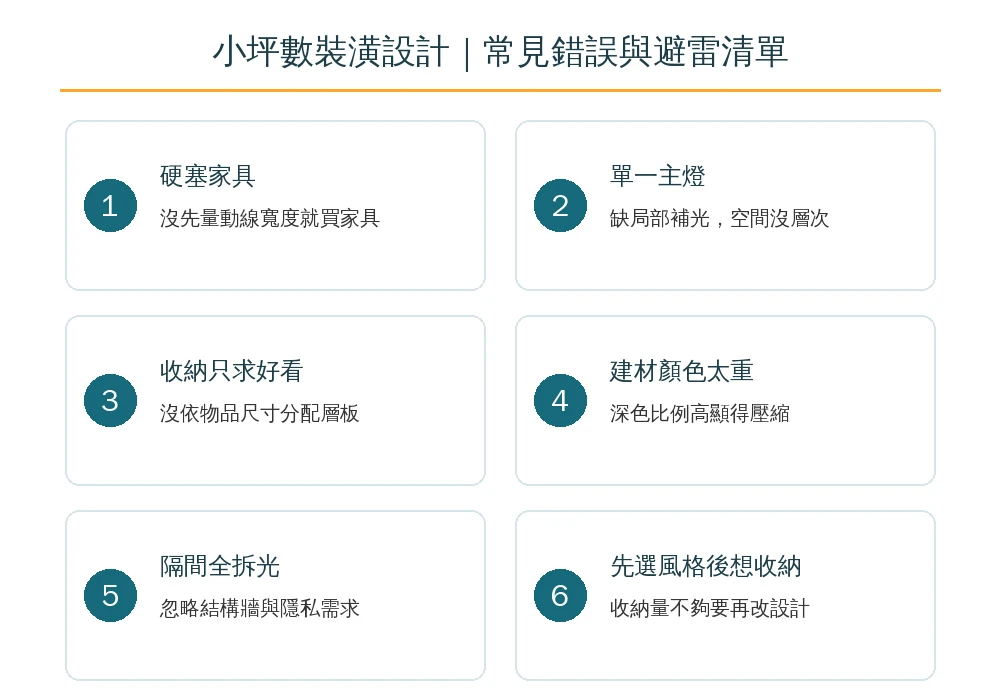 嘉義小坪數裝潢設計常見錯誤避雷清單資訊圖：硬塞家具、單一主燈、收納只求好看、建材顏色太重、隔間全拆光、先選風格後想收納